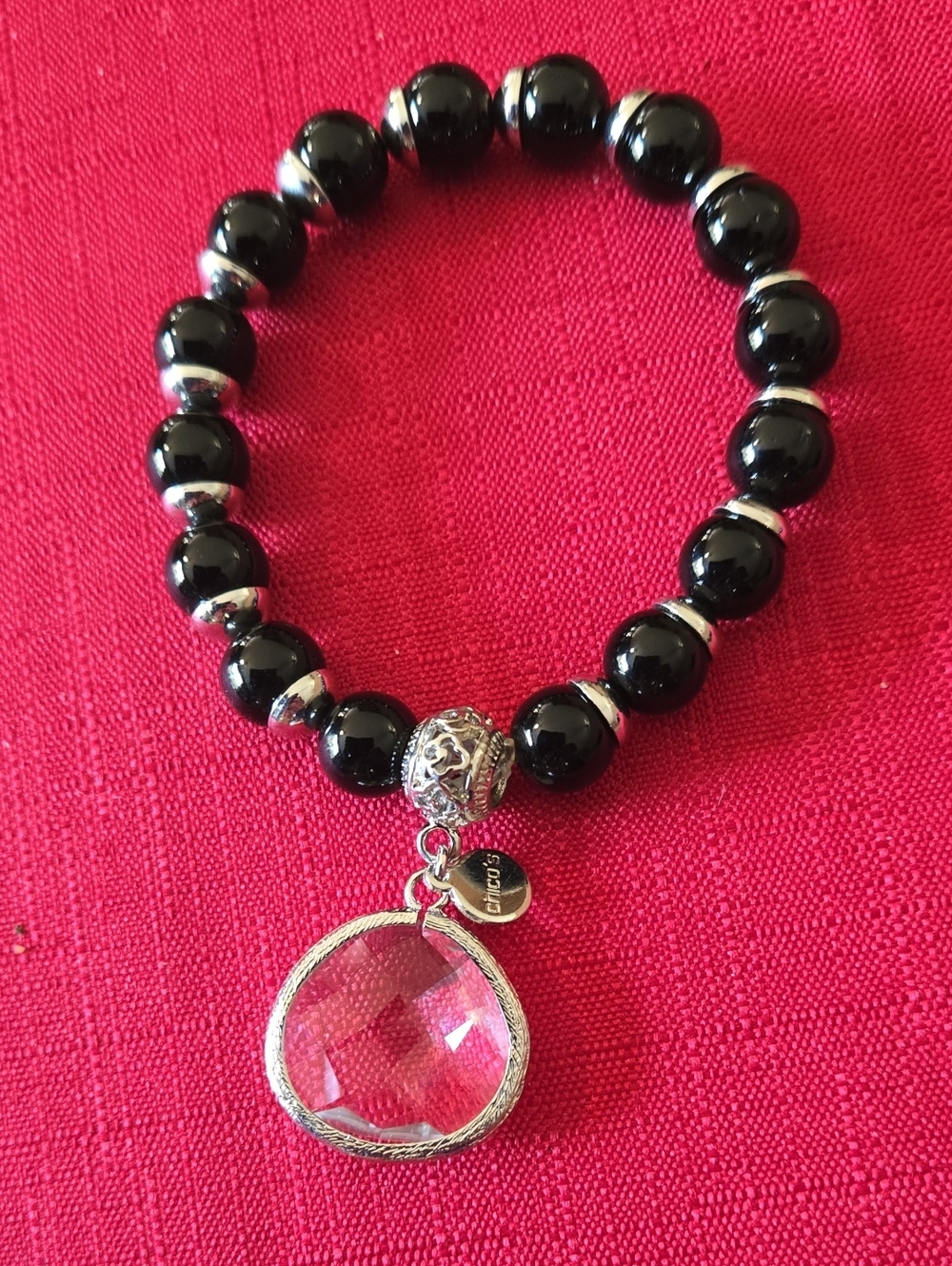 Black Beaded Stretch Bracelet with Silver Accent and Circle Charm